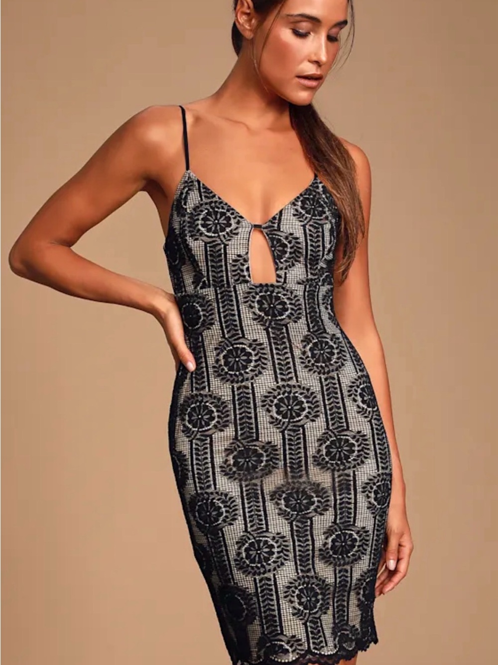 Lulus Black Lace Bodycon Slip Dress with Keyhole